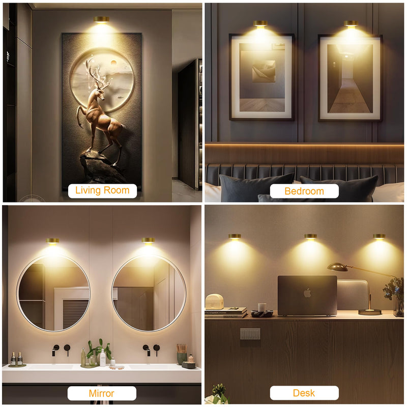 3Pcs Battery Operated Picture Light, Magnetic Led Painting Light with Remote Dimmable and Timer, 3 Lighting Modes Art Display Light for Picture Frame Paintings, Wireless Wall Decor Puck Lights, Gold Gold, Battery Operated 3 Pack