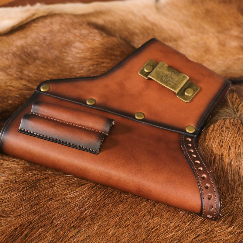 4-in-1 Leather Logging Tools Pouch-Axe Carry Belt Holster-Tape Measure Clip | Full-grain Leather, Organization for Axe, Tape Measure, Flat File Awl Tools,Slanted Design, Quick Access, for Camper Logger