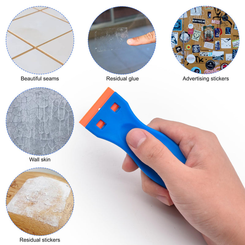 2 Pcs Plastic Razor Blade Scraper and 12 Pcs Blades, Remove Label Decal Tool,Forwithout Scratches Plastic Razor Blade Scraper, Adhesive Remover for Kitchen Appliances,Stickers and Paints on Window 2+12PCS