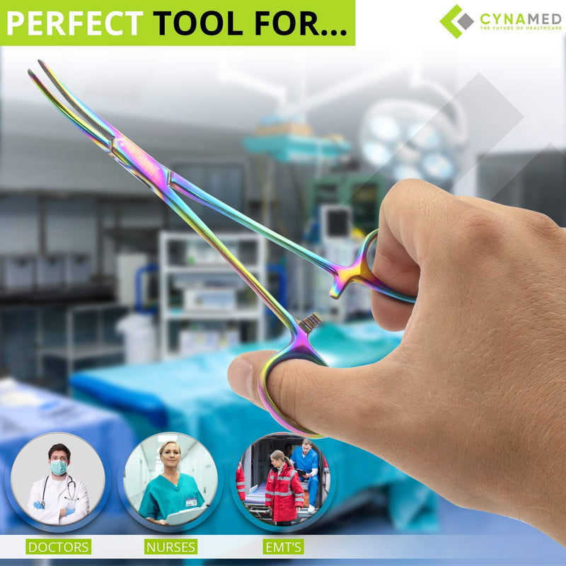 Cynamed Set of 2 Artzone Multi Color Hemostat Forceps with Serrated Jaws, Stainless Steel Rainbow Pliers - 5 inch Small Forceps - 5 in.