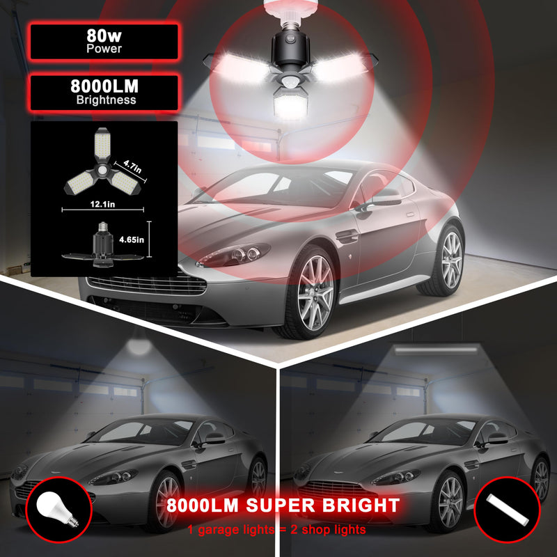 Motion Sensor Garage Light, 80W Garage Lights Ceiling Led Motion Activated,Dusk to Dawn Sensor Lights,Ultra Bright LED Shop Light Bulb,Screw in Shop Lights for Barn,Basement(2Pack) Screw in 2 Pack
