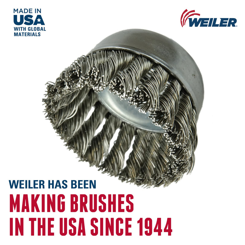 Weiler 13253 2-3/4" Single Row Knot Wire Cup Brush, .020" Stainless Steel Fill, M10X1.25 Nut, Made in the USA