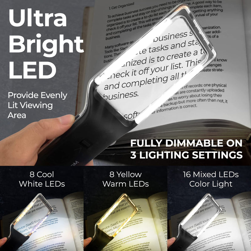 MagniPros Patented 6X Rechargeable Magnifying Glass with 3 Color Light Modes & Anti-Glare Lens - Relieve Eye Strain | Perfect for Low Vision Seniors, Macular Degeneration & Fine Print Black