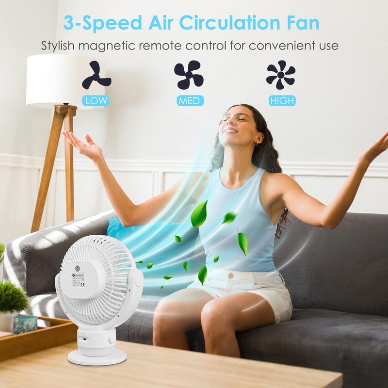 OGZ Portable Fan for Travel Wireless with Remote Timer, 7 Inch Small Desk Fan with LED Night Light 90° Oscillation, Rechargeable USB Fan for Cruise Bed Beside Sleeping Camping Tent White