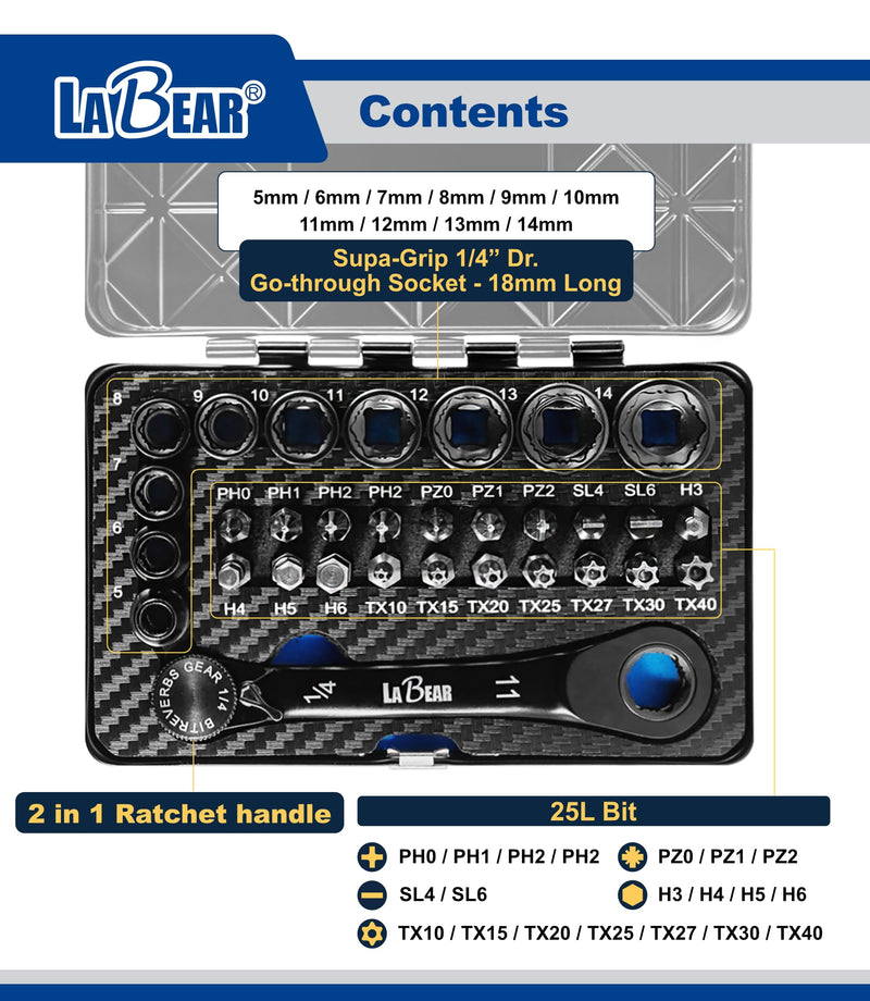 LABEAR Low Profile 2-in-1 Ratchet Wrench Set, 1/4" Bits & Sockets | 31pcs kit, Non-slip socket grip, 90T/120T dual ratchets, Supa-Grip profile, 18mm stubby reach, case included