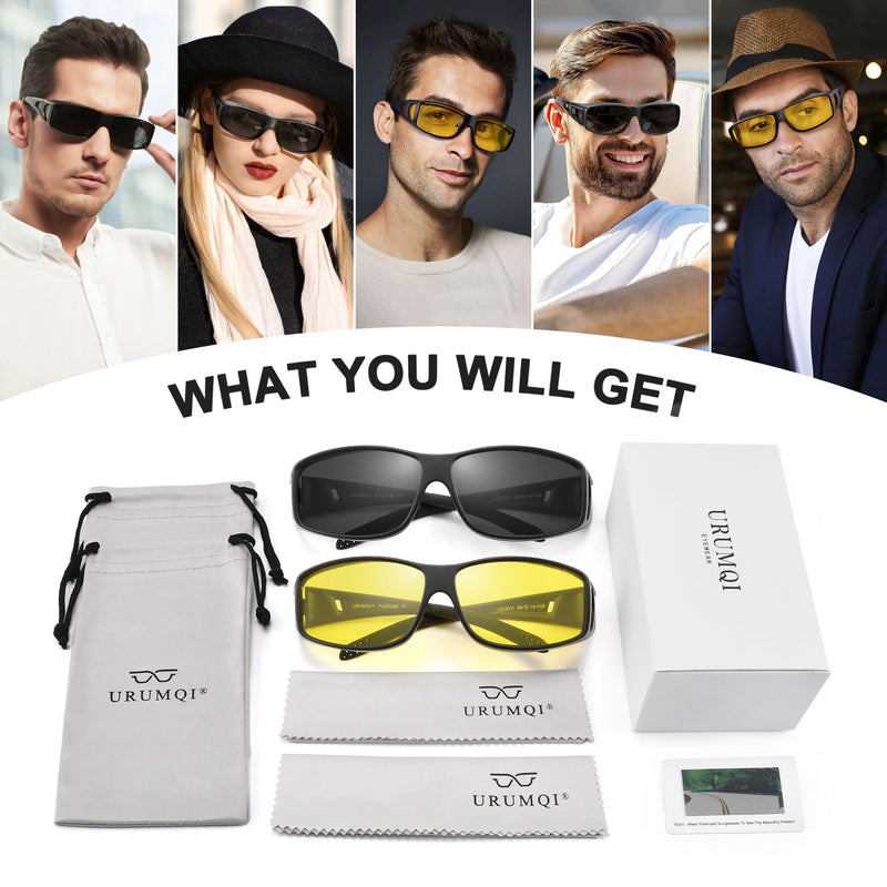 URUMQI Polarized Sunglasses Fit Over Glasses for Men Women, Wraparound Sunglasses UV400 Protection for Driving Fishing C03 Matte Black Frame/Grey & Yellow Lens