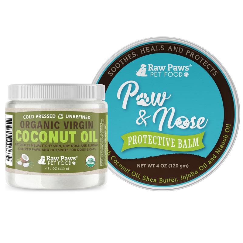 Raw Paws Virgin Organic Coconut Oil & Paw & Nose Balm Bundle - Coconut Oil for Dogs & Cats, 4-oz & Paw & Nose Balm, 4-oz - Treatment for Itchy Skin, Dry Nose, Paws - Natural Balm Paw Soother for Cats