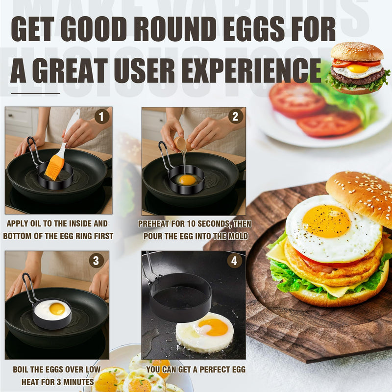12 Pcs Egg Rings for Frying Eggs Nonstick Pancake Mold Stainless Steel Egg Mold with 4 Silicone Brushes,Portable Round Shape with Handle For Breakfast Camping Sandwiches (3 Inch)