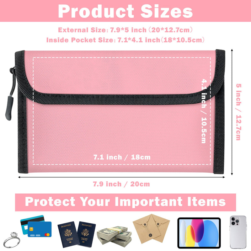 Fireproof Waterproof Document Bag - 5200°F Water Resistant Fire Proof Money Bag, 3 Layers of Heat Insulated Storage with Zipper, 7.9"x5" Portable Files Safe Pouch for Cash Passport (Pink) 7.9"x5" 5200℉ Pink