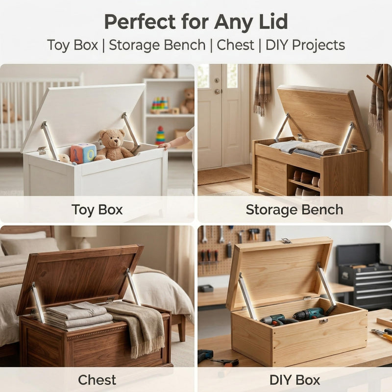 200N Heavy Duty Lid Support Hinge with Soft Close, 2 Pack Toy Box Hinges with Anti-Pinch Warning Stickers, Slow Closing Chest Hinges for Heavy Wooden Toy Box, Cedar Chest, Storage Trunk, Easy Install 200N