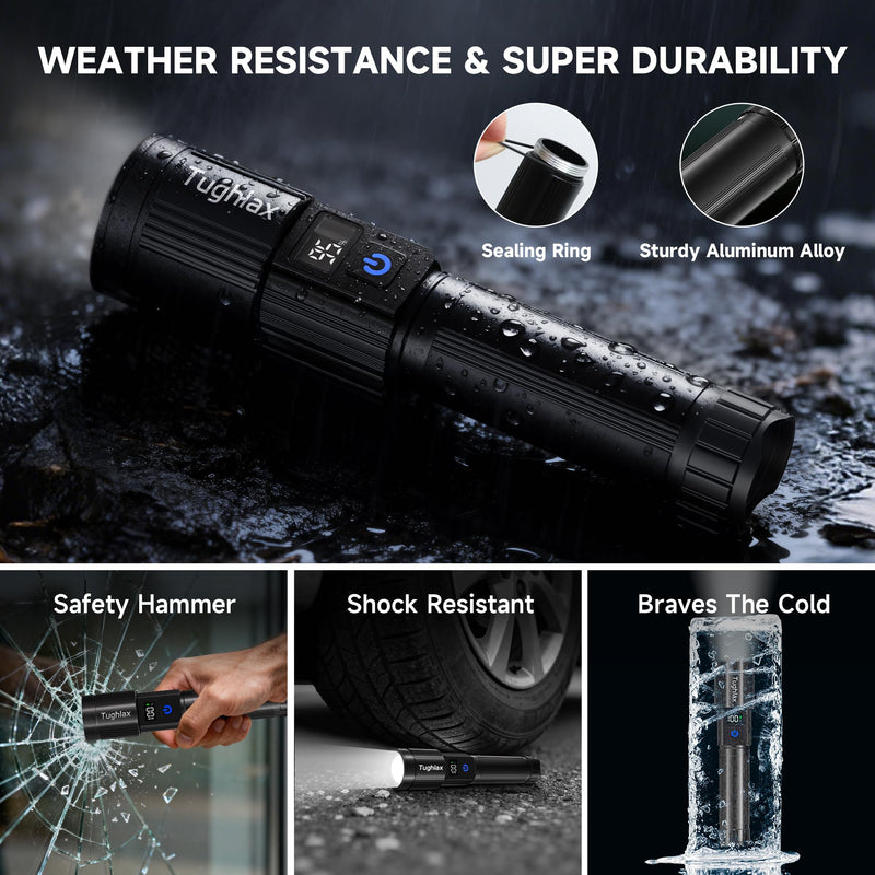 4Pack Rechargeable Flashlights High Lumens 10000LM, Super Bright Flashlight with LCD Digital Display, 5 Modes Adjustable Flash Light, LED Flashlight Powerful, Tactical Flashlights for Home