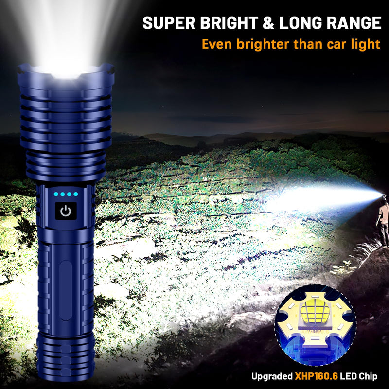 Flashlights 5000.000 High Lumens, Super Bright LED Rechargeable Flash light, Long Battery Life, Hoslter, Powerful Waterproof Handheld Flashlights with Zoomable 5 Modes for Emergencies Camping (Blue)