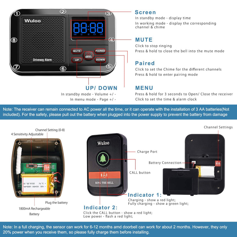 Wuloo Wireless Doorbells for Home, Solar Driveway Alarm, Multifunctional Wireless Home Security System, Rechargeable Battery/Weatherproof/Mute Mode/Clock and Alarm (1 Receiver 1 Sensor 1 Doorbell) 3 units set