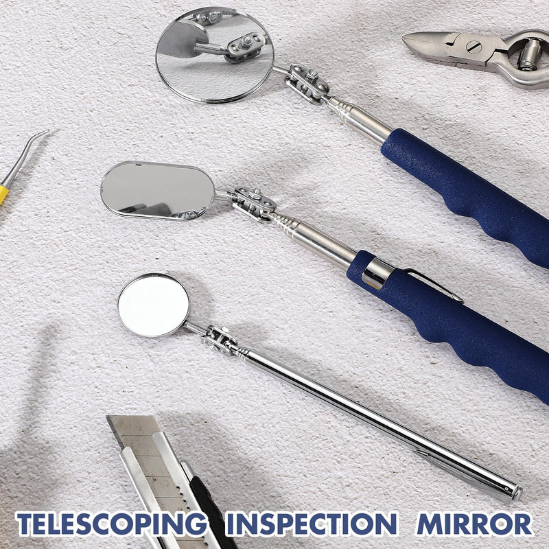 3 Pieces Telescoping Inspection Mirror Stainless Steel Mechanic Mirror with Long Handle Extendable Mirror Telescoping Mirror Tool for Technicians Mechanics Contractors (Oval, Round) Oval, Round