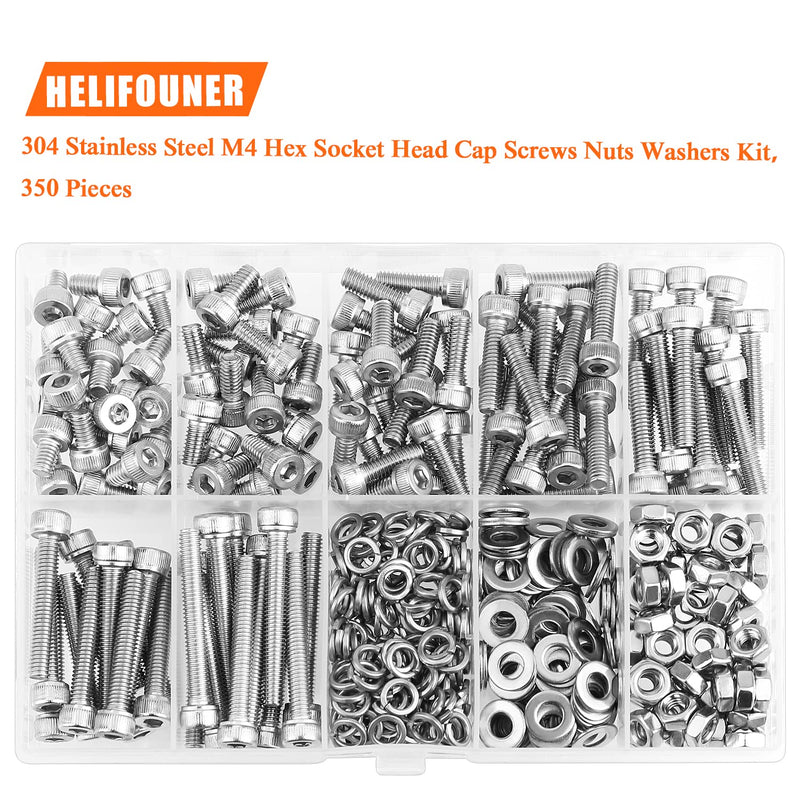 350 Pieces M4 x 6mm /8mm /12mm /16mm /20mm /25mm /30mm, Hex Socket Head Cap Screws Bolts Washers Nuts Kit, 304 Stainless Steel Socket Head Screws