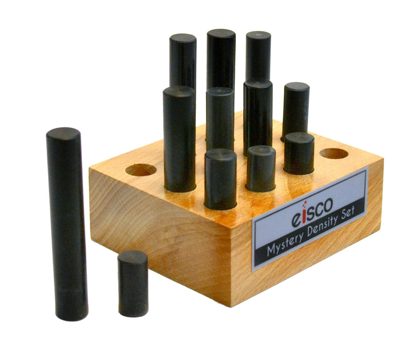 Eisco - 12-Piece Mystery Density Activity Set, Cylindrical Bars, 0.5" Diameter, Various Lengths, Includes Wooden Storage Block & Manual, Explore Mass, Volume & Density, Physics & Chemistry Lab