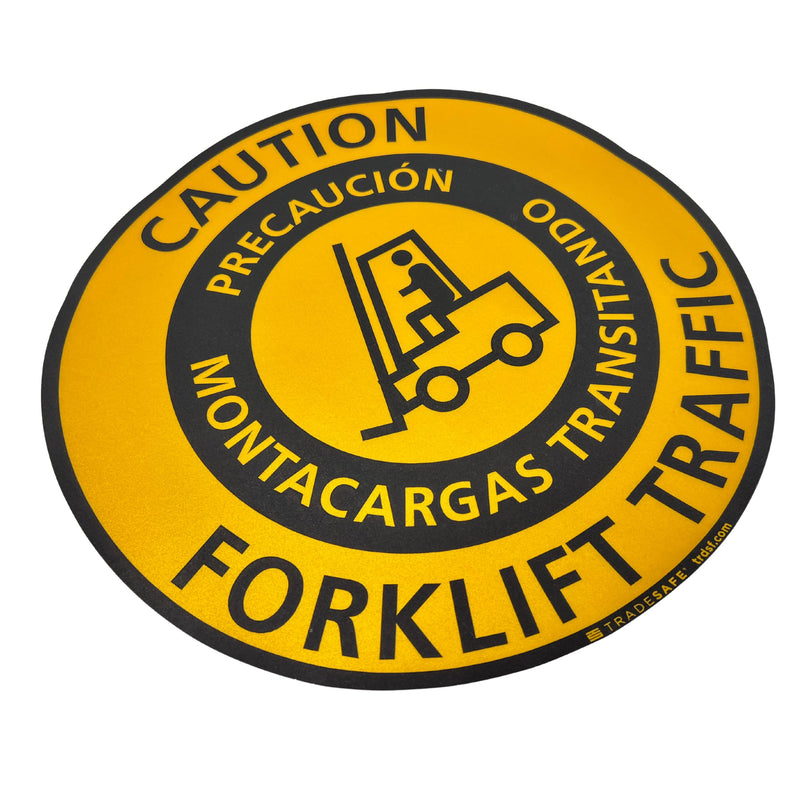 TRADESAFE Bilingual Caution Forklift Traffic Anti-Slip Floor Sticker - Precaución Montacargas Transitando Caution Sign, Peel and Stick Adhesive Vinyl Sign, ANSI-Compliant, 17” Diameter Round Sticker - NewNest Australia