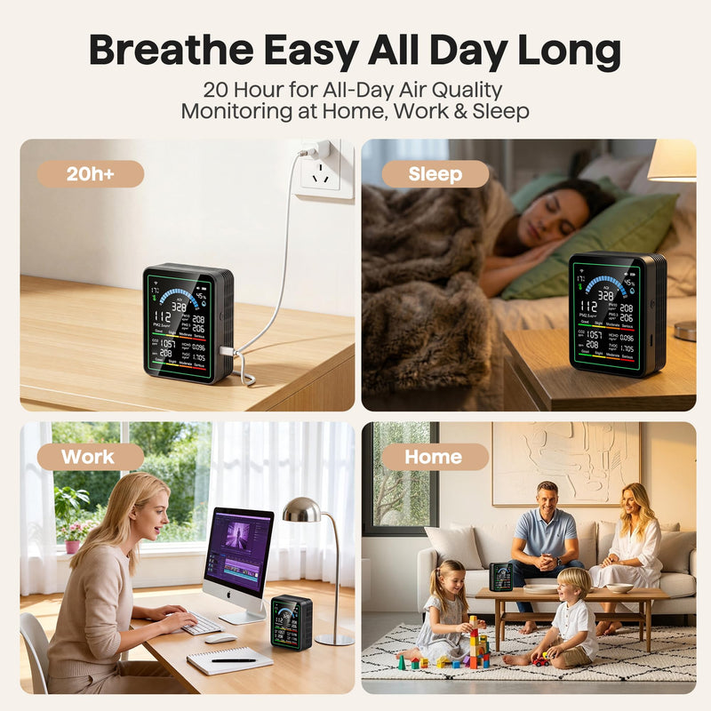Air Quality Monitor Indoor, 10 in 1 Portable Smart Air Quality Tester for CO2 | TVOC | HCHO | Temp | AQI | PM0.3-1 Detection Suitable for Home, Cars, Plants, Pets and Hotels -Black Black