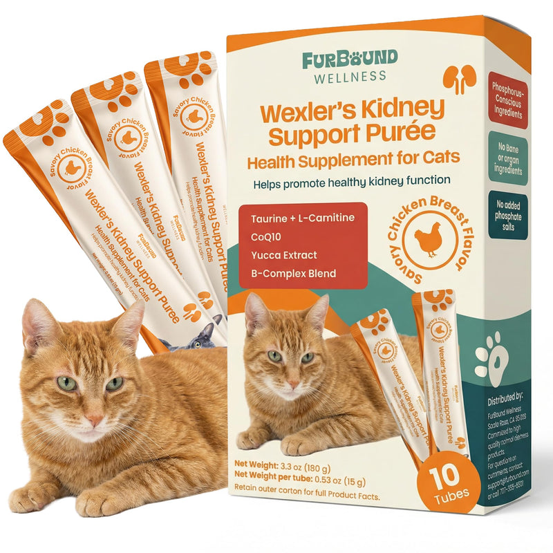 Wellness Kidney Support Purée for Cats - Renal Cat Health Supplement with Taurine, L-Carnitine, CoQ10, B-Complex, Yucca - Phosphorus-Conscious with Savory Chicken Breast Flavor - 10 Tubes 10 Pack