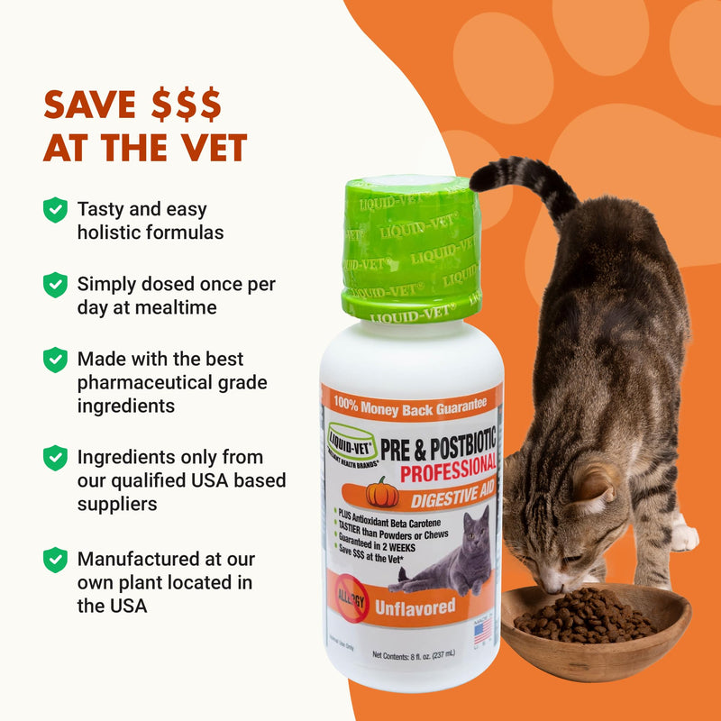 LIQUID-VET Cat Pre & Postbiotic Supplement Advanced Digestive Support for Cats with Premium Gravy Formula for Optimal Gut Health and Wellbeing 8 oz (AllergyFriendly Unflavored) Professional Unflavored