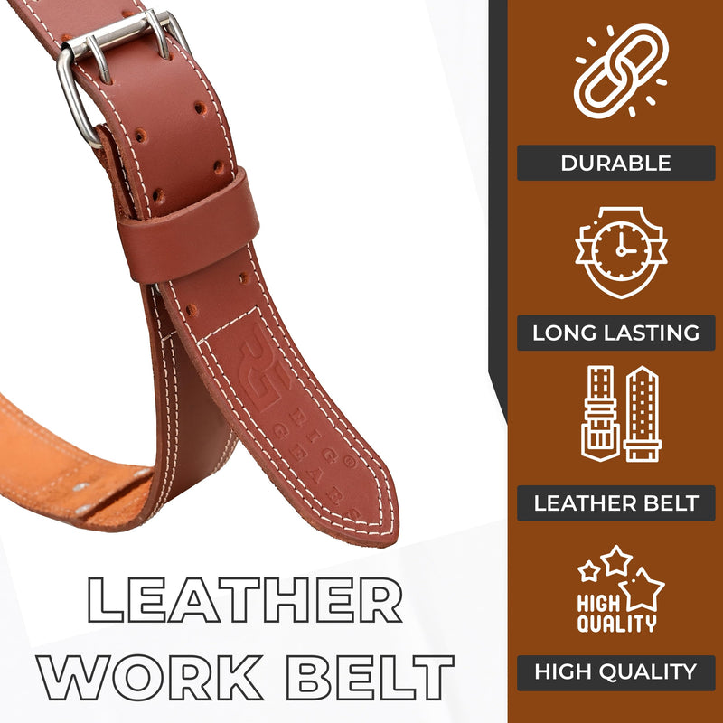Leather Tool Belt for Men, Full Grain Leather Work Belt, 2 Inch Carpenter Construction Utility Belt, Heavy Duty Tool Belt for Electrician, Farming, DIY & Contractor Work, Brown (34"-49")