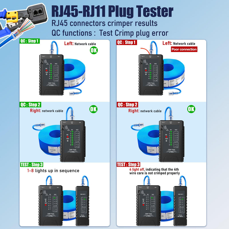 NF-468CS Network Cable Tester Ethernet Cable Wire Tester with Continuity Test for RJ45/RJ11/RJ12/POE/CAT3/CAT5/CAT5E/CAT6/CAT6A UTP/STP LAN and Telephone Line Testing Tool 468CS
