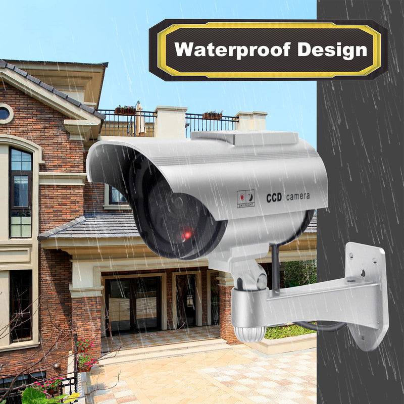 F FINDERS&CO Solar Powered Dummy Security Camera, Bullet Fake Surveillance System with Realistic Red Flashing Lights and Warning Sticker Indoor Outdoor (4, Silver)