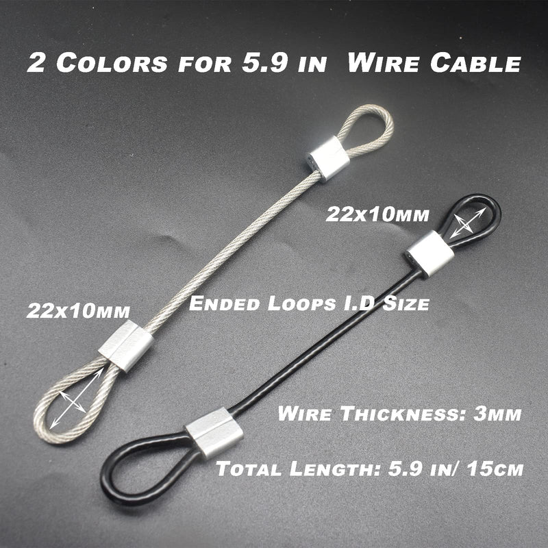20 pcs 6 inch (15cm) 3mm Thickness Stainless Steel Wire Cable with Loops Vinyl Cover Coated Short Rope Lanyard Lock Safety Tether Chains, Black 6in/15cm-20Pcs