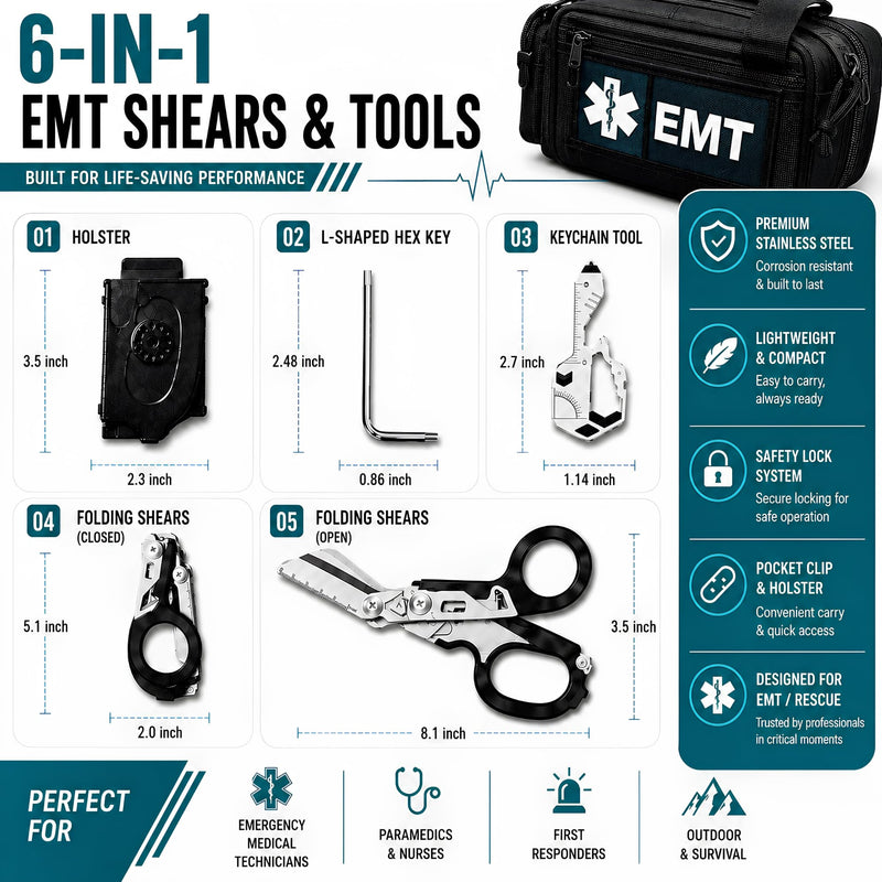 Heavy Duty 6 in 1 Multifunctional EMT Trauma Shears Foldable with Strap Cutter | Stainless Steel Emergency Response Medical Scissors | Tactical Survival Shears with Holster
