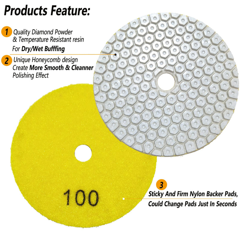 4 Inch New Model Dry Diamond Polishing Pads Grit 100, 1 Box of 6 Piece Dry/Wet Marble Buffing Pad for Granite Quartz Concrete Stones(Need Water for Hard Tile) 4 Inch Yellow,100