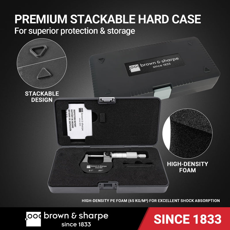 Brown & Sharpe Outside Micrometer 0–1", Precision Micrometer Machinist Tools, 0.001" Graduation, Carbide Measuring Faces, Ratchet Stop, Satin Chrome Sleeve for Reliable Measurement & Clear Reading