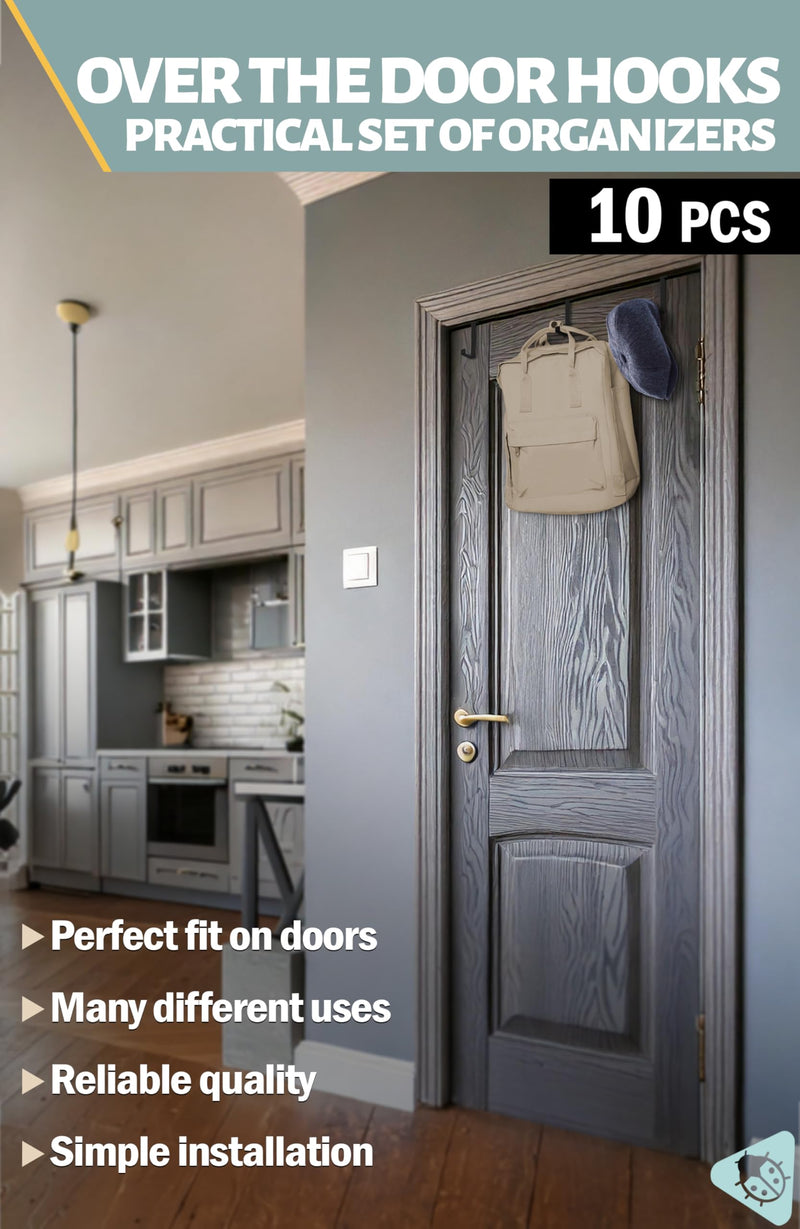 Menz Over The Door Hooks 10 Pack, 2-Sided Fits 1 3/8" & 1 3/4" Coat Hanger, Black Towel Holder w/Anti-Scratch Pads, Wreath Hanger w/Removable Sticky Non-Slip Dots, Thin Enough for Doors to Close 10pack fits 1 3/8" to 1 3/4"