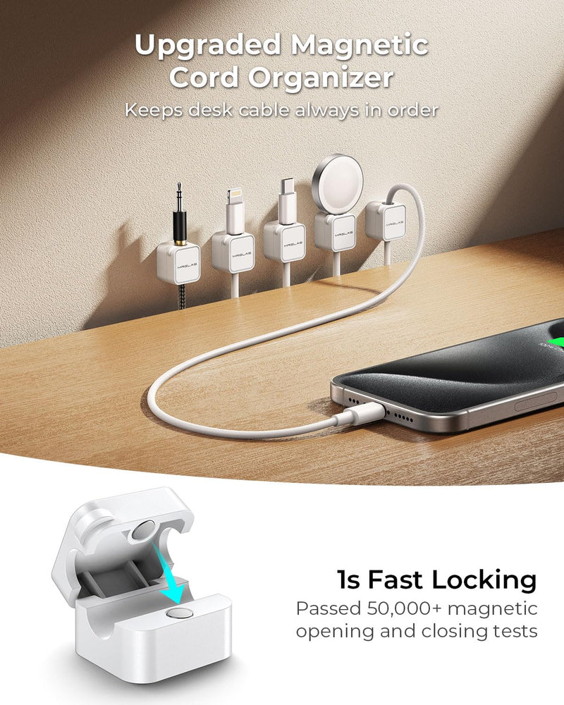 MRGLAS 10-Pack Magnetic Cable Clips Cord Organizer [1s Lock] Cable Holder Clips -Desk Cable Management [Cable Smooth Adjustable], Adhesive Wire Organizer Keeper for Nightstand Desktop Wall Car Office 10 Pack White