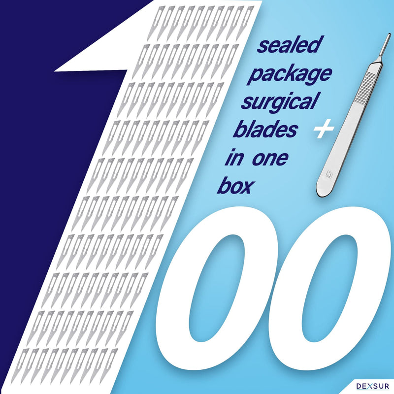 Scalpel Blades Sterile High Carbon Steel Dermablade, # 11 Surgical Blades for Dermaplaning, Individually Wrapped Box of 100 Pcs + # 3 Scalpel Handle