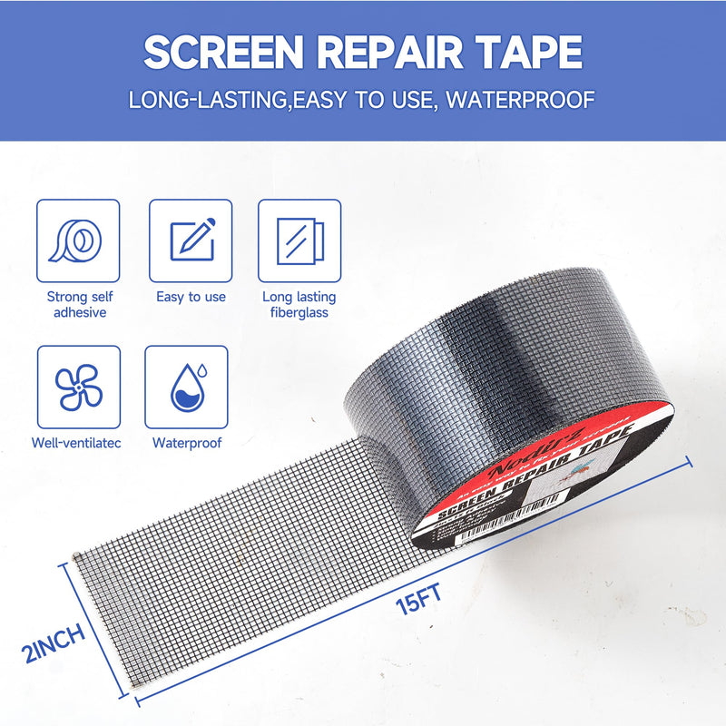 Window Screen Repair Tape, Screen Rrepair Kit for Windows or Doors Screen Repair, Strong Adhesive Screen Patch Repair Kit Mesh Repair (Black, 15 FT) Black