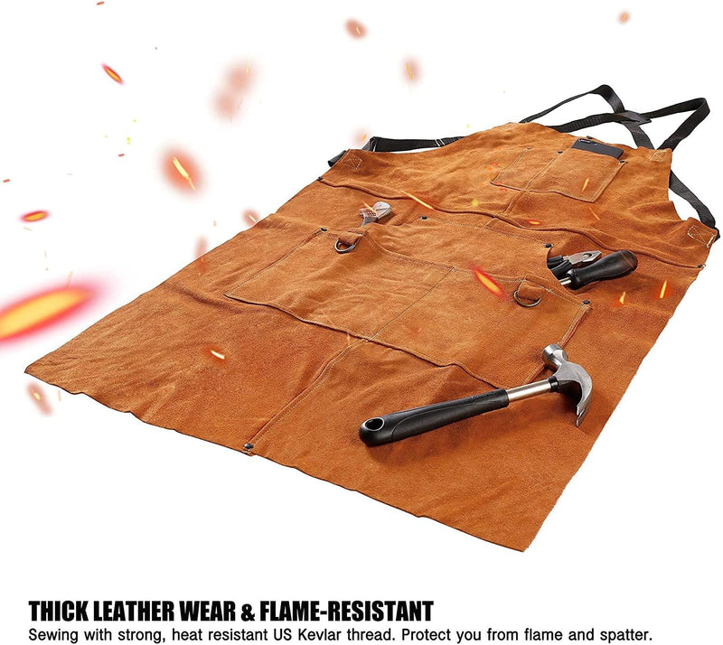 QeeLink Leather Welding Apron with 6 Pockets - Heat & Flame-Resistant Apron, 24'' X 42'', Adjustable M to XXXL Brown