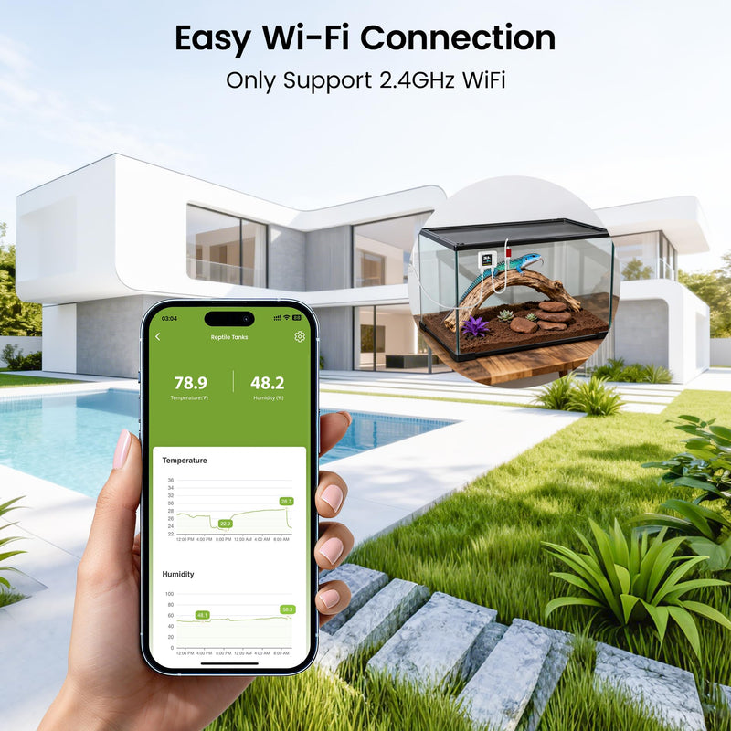 MOCREO WiFi Reptile Hygrometer Indoor Thermometer, Smart Humidity and Temperature Sensor, Remote Monitor with App Push Notification, Email Alerts, 2-Year Data Export, for Greenhouse Incubator