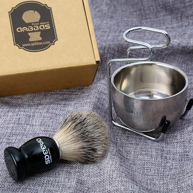 Anbbas Shaving Brush Set Badger Hair Brush + Stand + Soap Bowl 3 Piece Set Men Shaving Foaming Facial Wash Brush - NewNest Australia