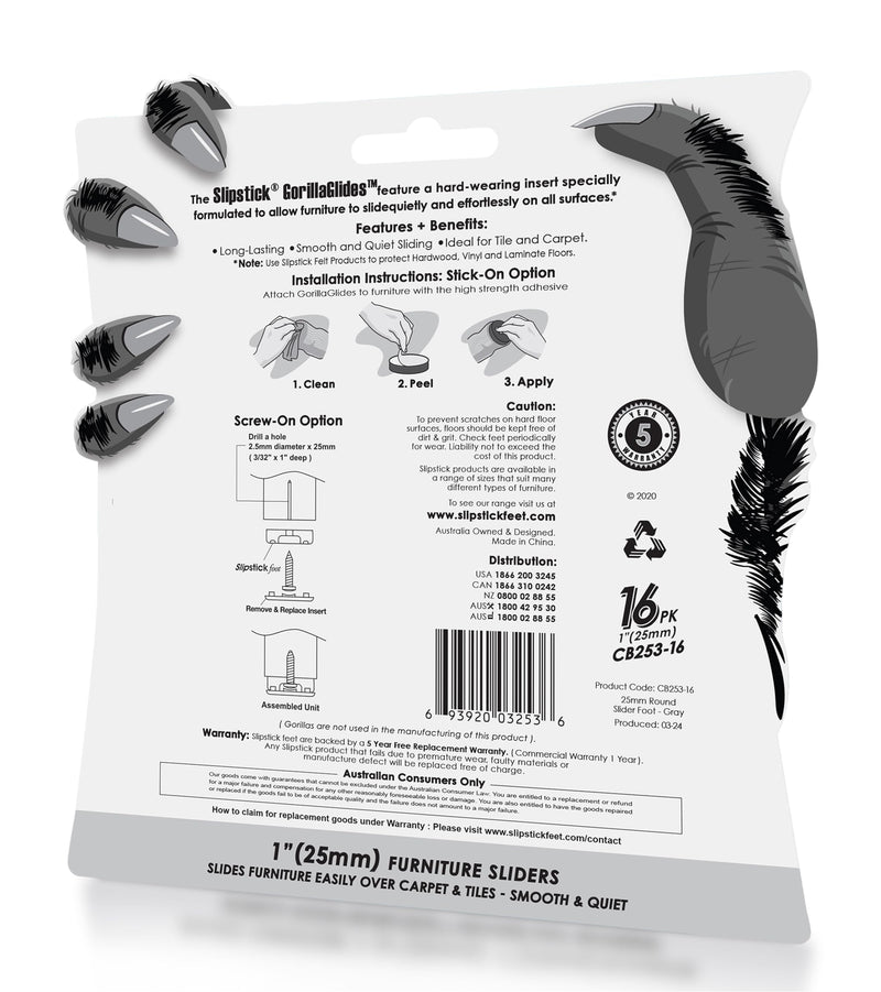 GorillaGlides 1 Inch Chair Sliders/Furniture Floor Protectors (16 Furniture Glides) Self-Adhesive Screw On Chair Glides for Sliding on Low-Pile Carpet & Hard Surface Floors, Round 1 Inch - 16 Pack