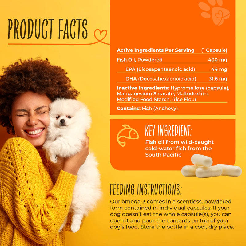 Omega-3 Fish Oil for Dogs by Pawsomely Healthy - High in EPA, DHA - Allergies, Itching, Shedding - Supports Immune System, Skin, Coat, Heart, Joints - 90 Powder Capsules - PawsPlanet Australia