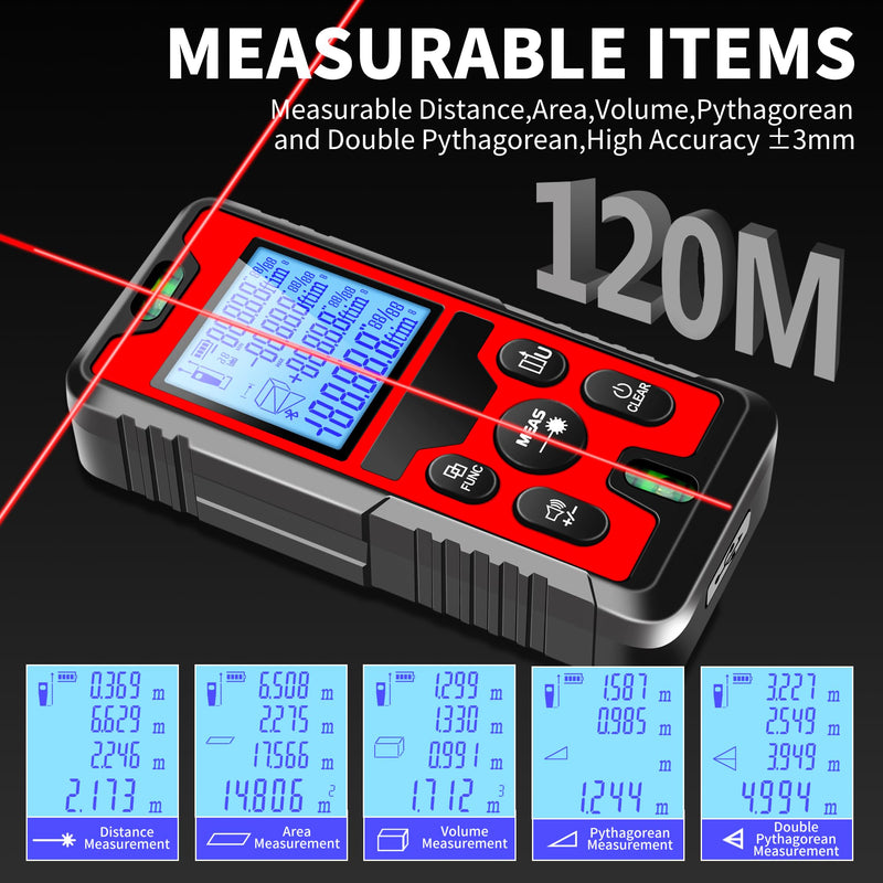 394ft/120m/4724 inches Digital Infrared Laser Distance Meter Distance/Area/Volume/Pythagorean/Double Pythagorean Measurement with 4-Digits&4 Readings Displaying Rechargeable