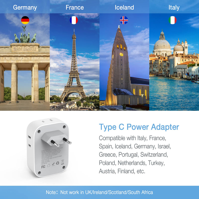 2 Pack European Travel Plug Adapter USB C, TESSAN US to Europe Plug Adapter with 4 Outlets 3 USB Charger, Type C Power Adaptor to Italy Spain France Portugal Iceland Germany, White Gray Type C-Most of Europe