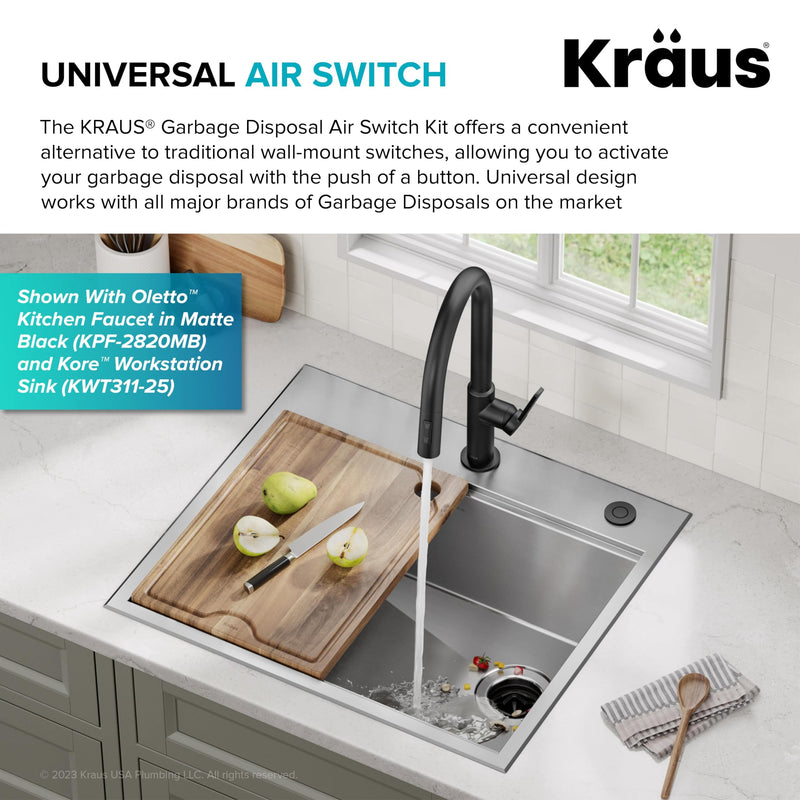 KRAUS Garbage Disposal Air Switch Kit in Spot-Free Stainless Steel with Push Button, AC Adapter, Power Cord, and Air Tube Included, KWDA-200SFS