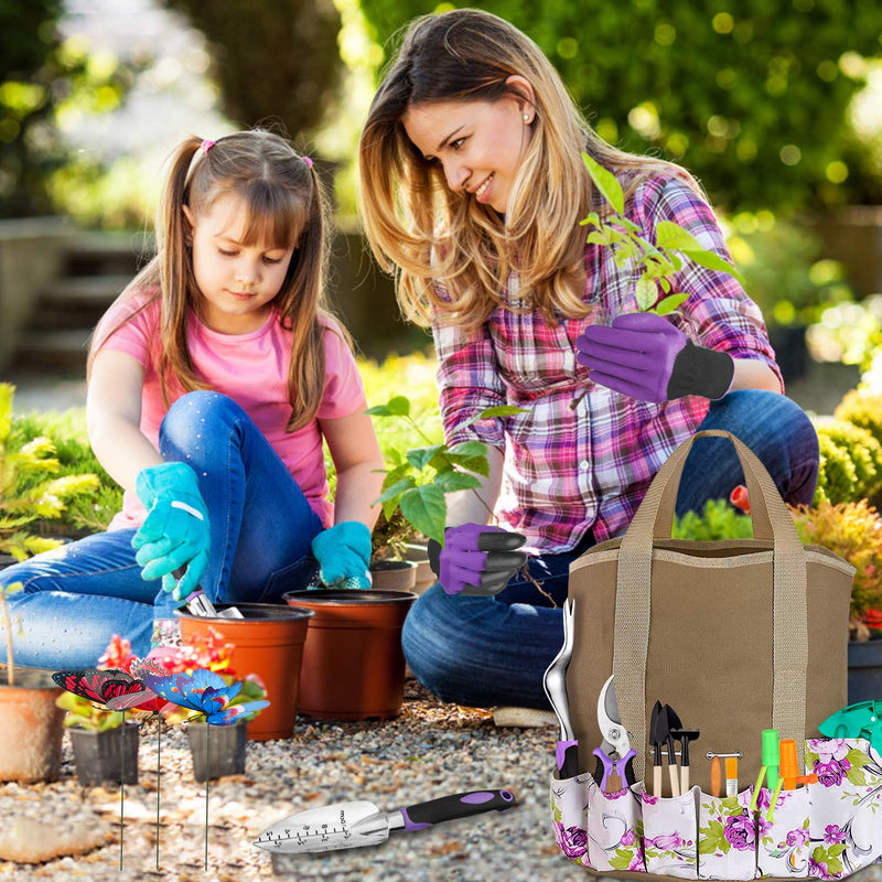 Garden Tools Set 83 Piece, Succulent Tools Set Included, Heavy Duty Aluminum Gardening Tools for Gardening, Non-Slip Ergonomic Handle Tools, Storage Tote Bag, Gifts Tools for Women Purple