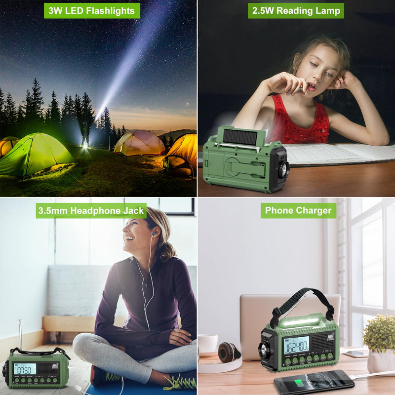 Raynic Emergency Radio, 12000mAh/44400mWh Battery Operated Weather Radio, Solar Hand Crank Radio with AM/FM/SW/NOAA Alert, Cell Phone Charger, Type-C Charging, Flashlight and SOS Siren Olive-Green-LCD Display