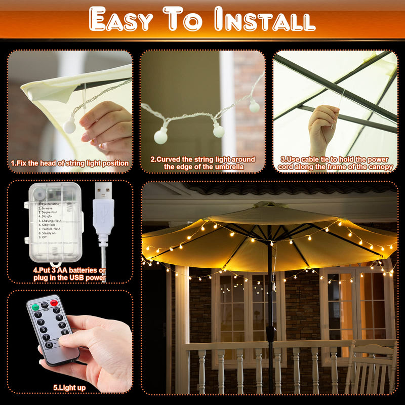 Enhon Patio Umbrella String Lights, Shatterproof Globe LED String Lights with Remote Control, 8 Lighting Modes, Battery/USB Powered, Waterproof Hanging Light Decorate for Patio Warm White