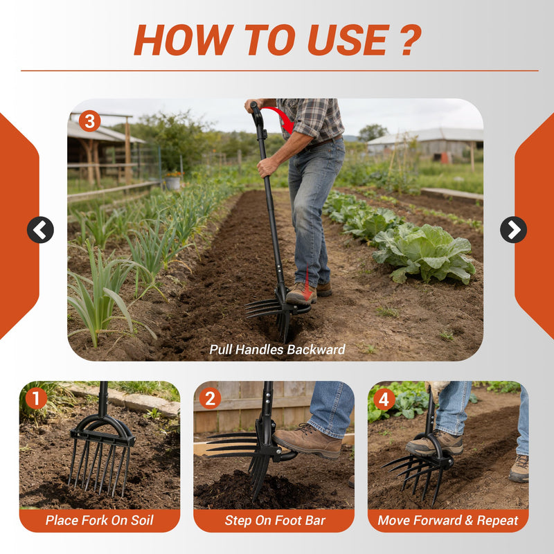 Broad Fork Garden Tool, Heavy Duty 5+4 Sharp Tines BroadFork Hand Tiller Garden Pitchfork with Ergonomic Handles for Spading Digging Fork Gardening Cultivating Composting and Loosening