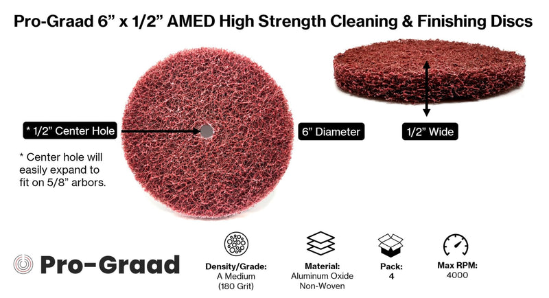 4 Pack 6” x 1/2” A Medium (AMED) High Strength Non-Woven Buffing, Blending, Cleaning, Light Deburring & Finishing Discs, 04188, Pack of 4 6" x 1/2" AMED