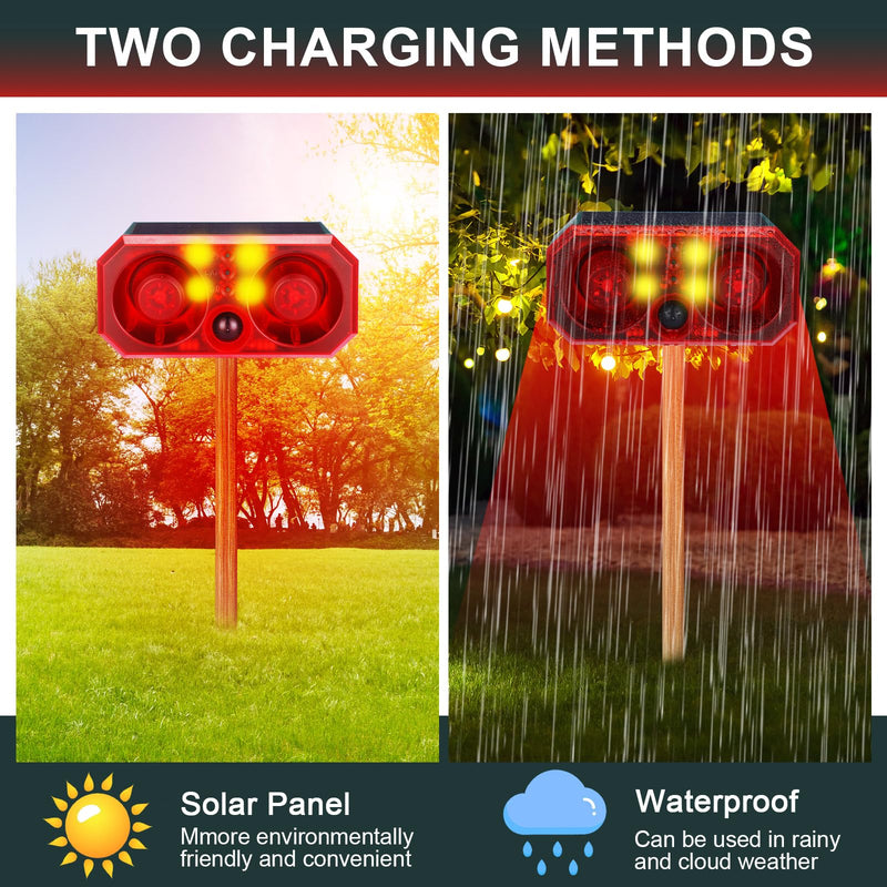 Qualirey 2 Pcs Solar Outdoor Motion Sensor Alarm Motion Sensor Animal Deterrent Dog Barking Alarm 13 Sound 130db Loud Noise Maker 4 Mode with USB Remote Control Support Recording Volume Adjustment