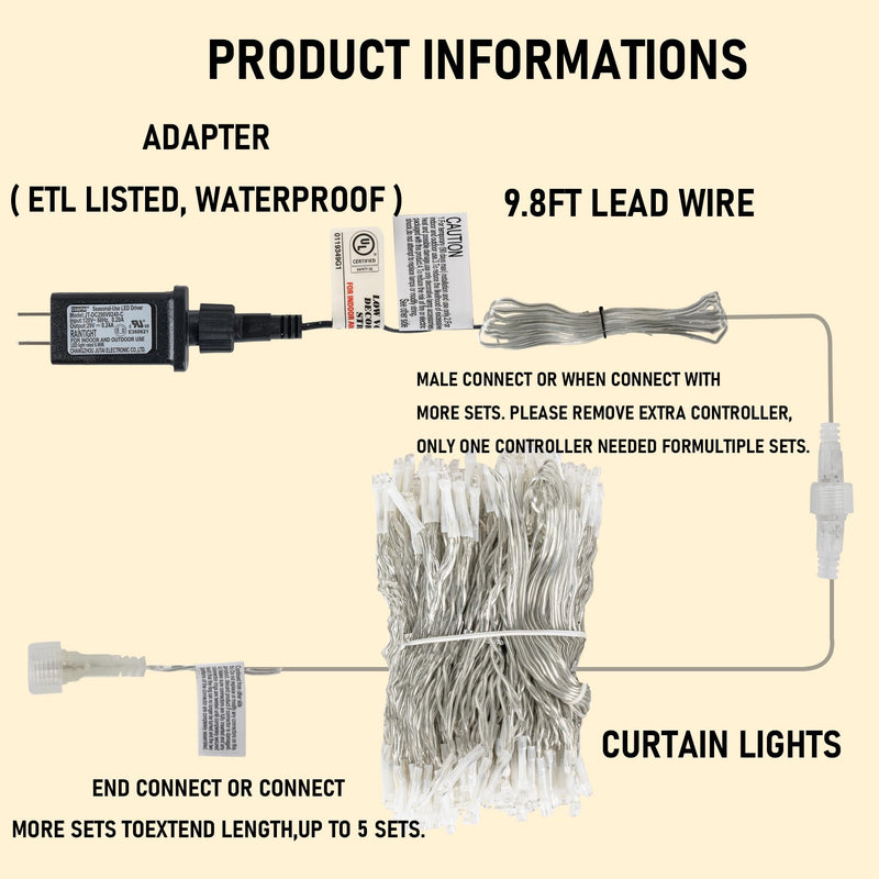 Dazzle Bright 300 LED Curtain String Lights, Christmas Fairy Lights for Bedroom with 8 Lighting Modes, Connectable Waterproof Window Lights Party Wedding Garden Wall Decor, Warm White